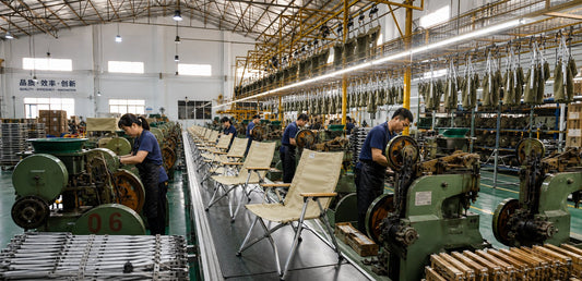 Onway Sports outdoor furniture factory floor with folding camp chairs on the production line