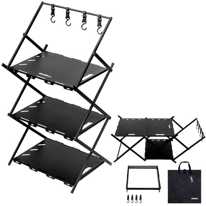 アウトドアラック キャンプラック フォールディングラック 3段物置き棚 折り畳み式 軽量 アルミ ハンガーフック4個付き 専用収納袋付き